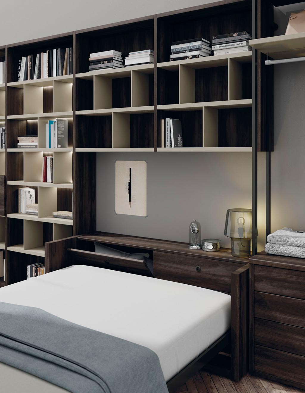 ▷ Dormitorio en uno: estantería y vestidor