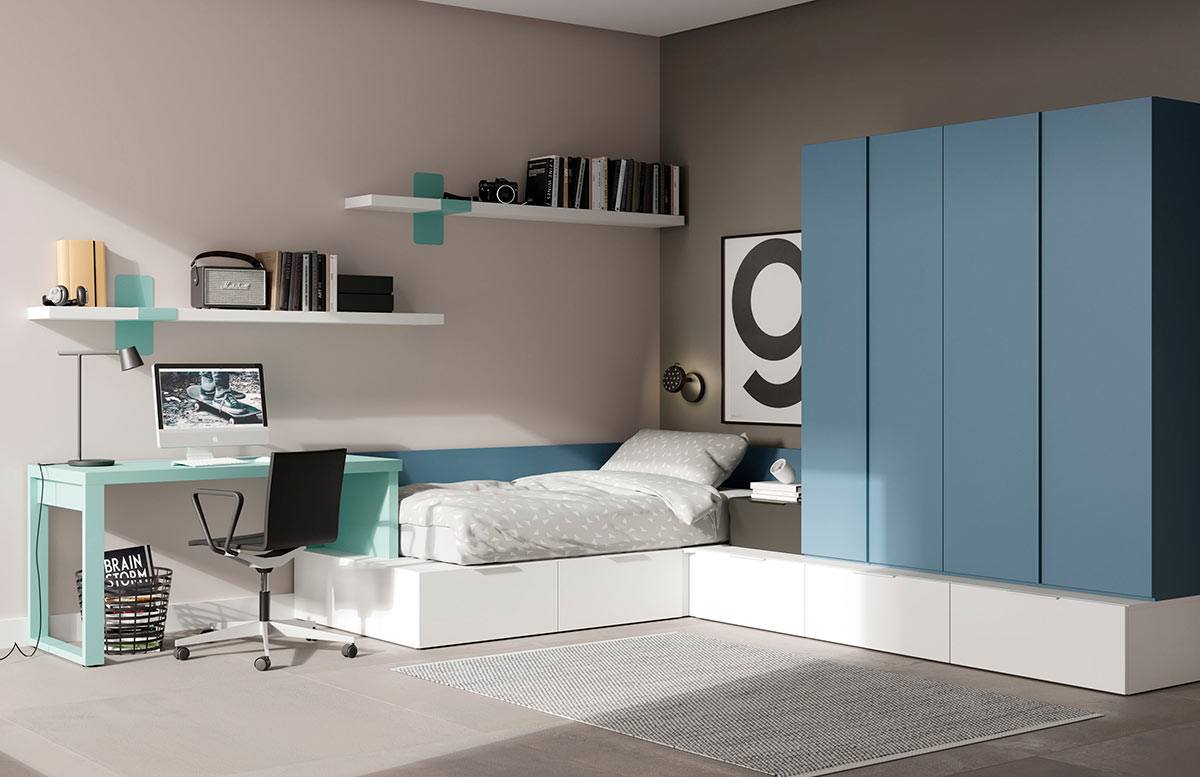 Espacioso Por cierto Belicoso ▷ Habitación juvenil con cama, armario y escritorio, sobre una base en L