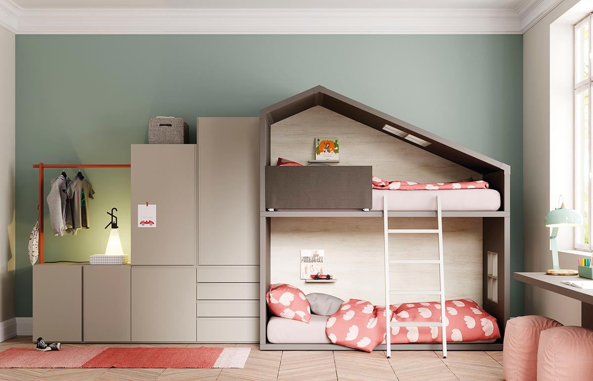 Composición Cottage con armario DressBox, estantería Airbox y mesa Levita