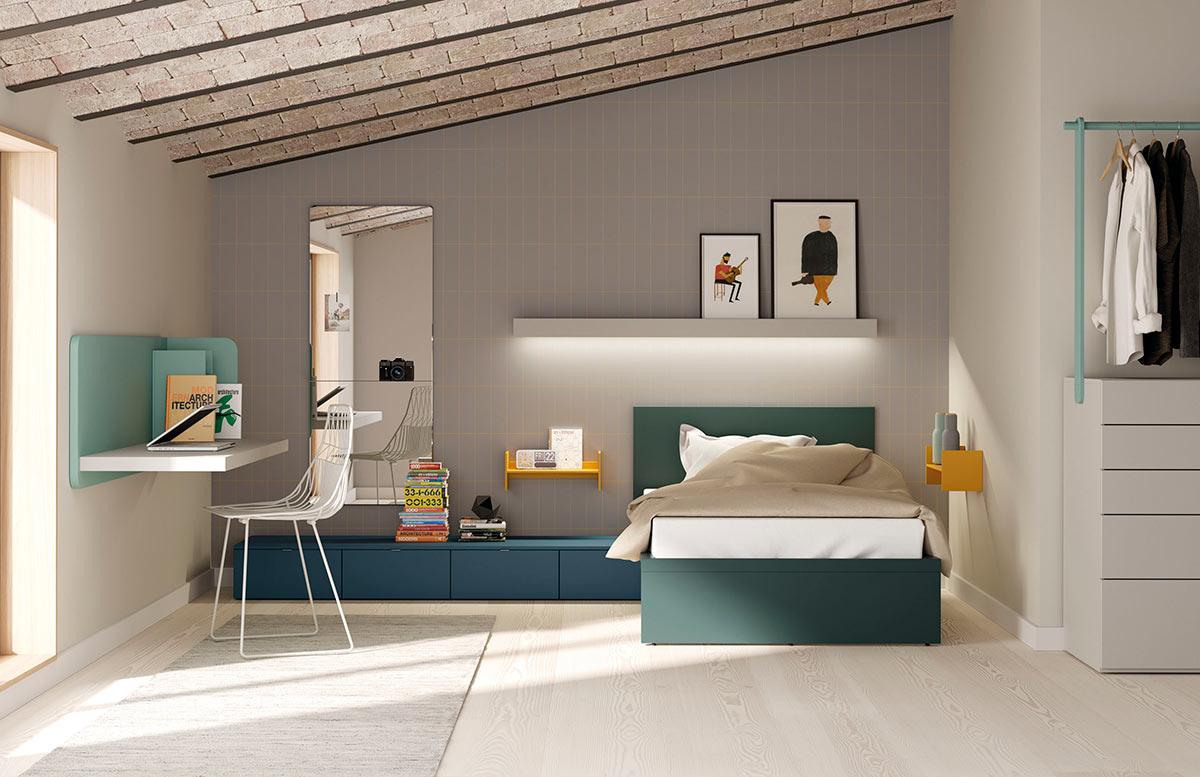 ▷ Dormitorio juvenil con cama nido con cajones + Estantería y Escritorio