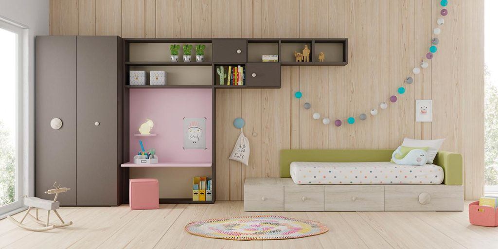 Composición de habitación juvenil con cama Kubox, estantería Airbox y armario Dressbox