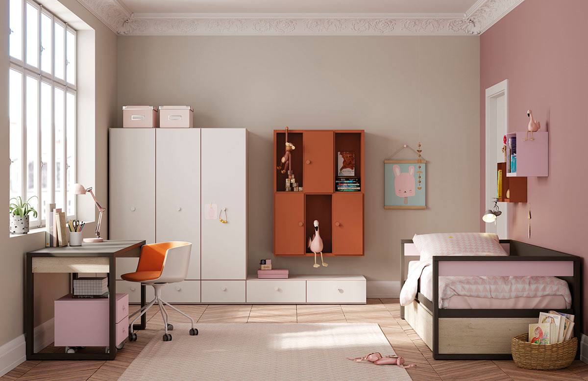 ➡ Dormitorio juvenil con doble cama Nido + Estanteria + Armario + Escritorio