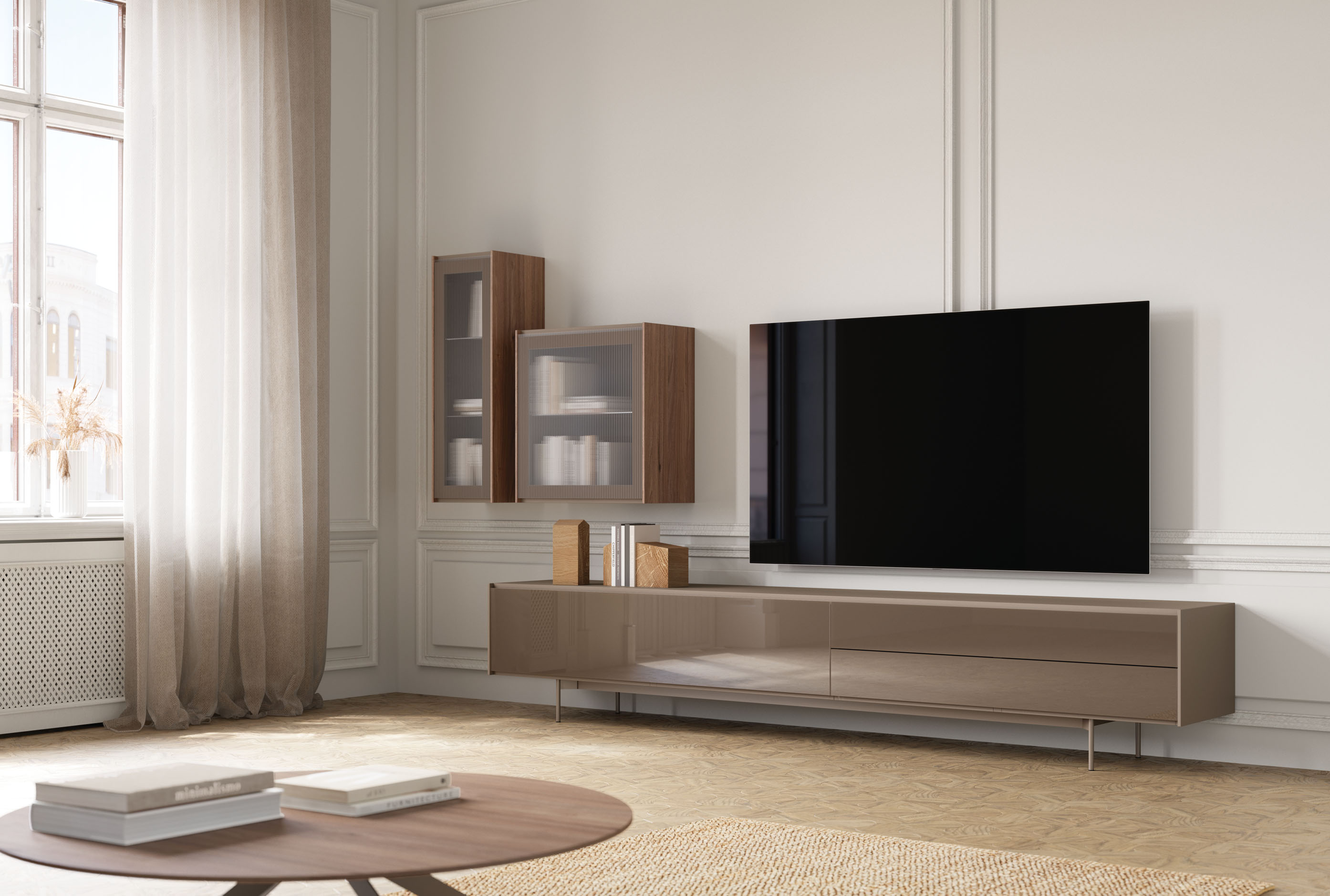 ▷ Mueble para TV con frente de Cristal Laca y patas metálicas