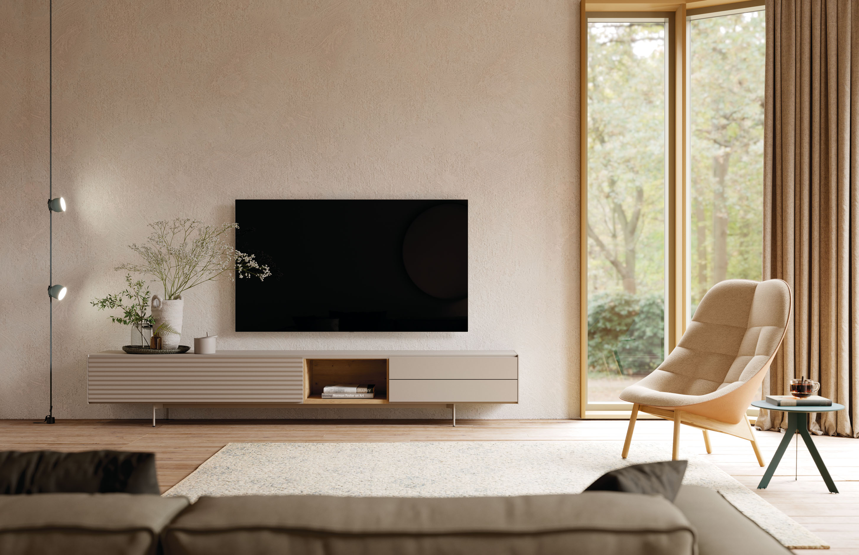 ▷ Mueble para TV con frente ondulado y zona abierta