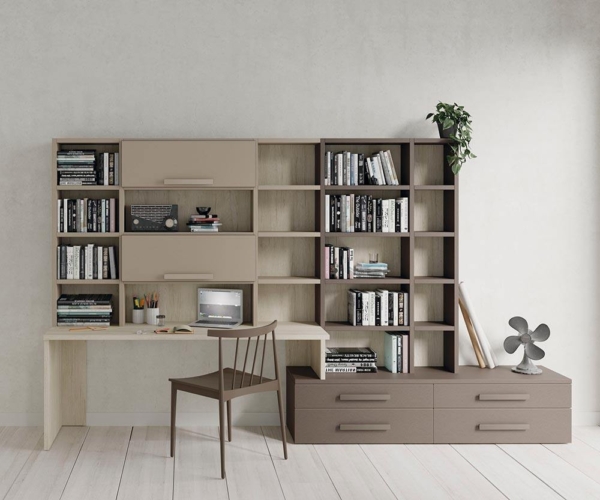 Composición de estantería con escritorio y mueble bajo Composición de estantería con escritorio y mueble bajo