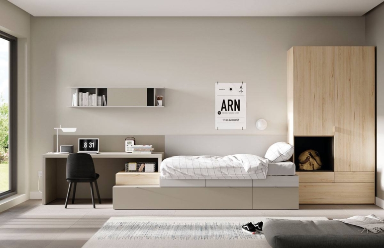 Composición de habitación juvenil con cama Kubox y armario Dressbox Composición de habitación juvenil con cama Kubox y armario Dressbox