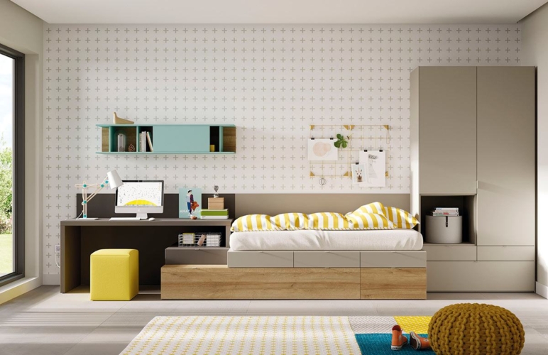 Composición de habitación juvenil con cama Kubox y armario Dressbox Composición de habitación juvenil con cama Kubox y armario Dressbox