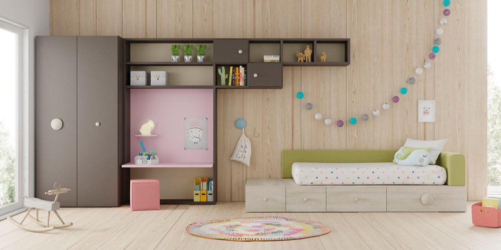 Composición de habitación juvenil con cama Kubox, estantería Airbox y armario Dressbox Composición de habitación juvenil con cama Kubox, estantería Airbox y armario Dressbox