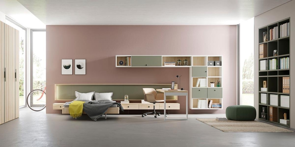Composición de habitación juvenil con cama Aro y estantería Airbox Composición de habitación juvenil con cama Aro y estantería Airbox