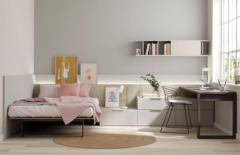 Composición de habitación juvenil con cama Fenólica, armario Dressbox y estantería Airbox Composición de habitación juvenil con cama Fenólica, armario Dressbox y estantería Airbox