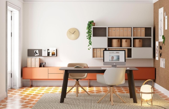 Oficina con mesa fija Compact, sistema Addliving y estanteria Airbox Oficina con mesa fija Compact, sistema Addliving y estanteria Airbox